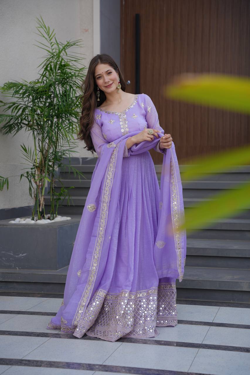 Lavender crunchy silk gown with embroidered sequins work and dupatta