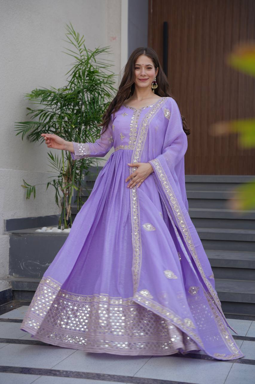 Lavender crunchy silk gown with embroidered sequins work and dupatta