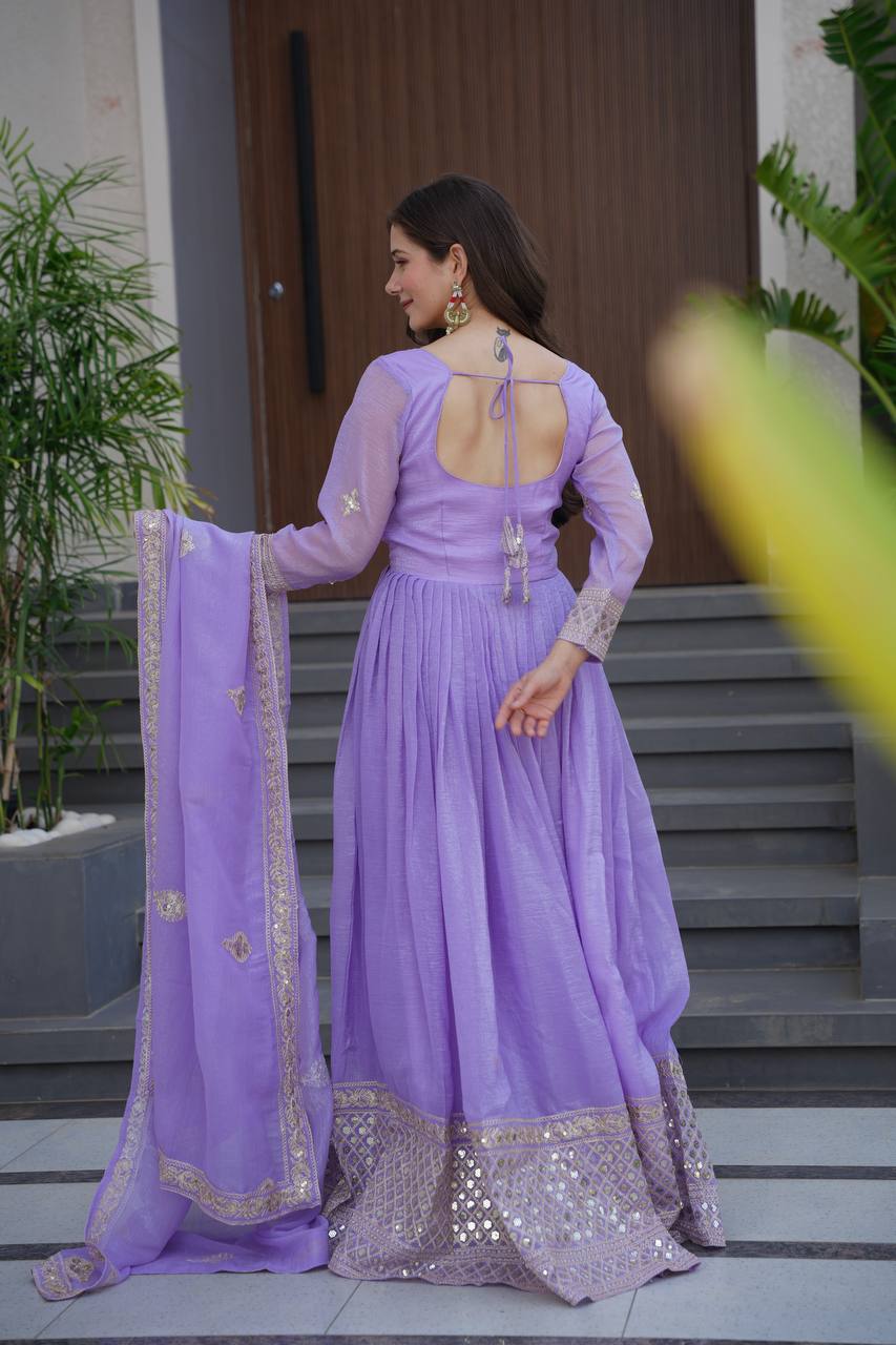 Lavender crunchy silk gown with embroidered sequins work and dupatta