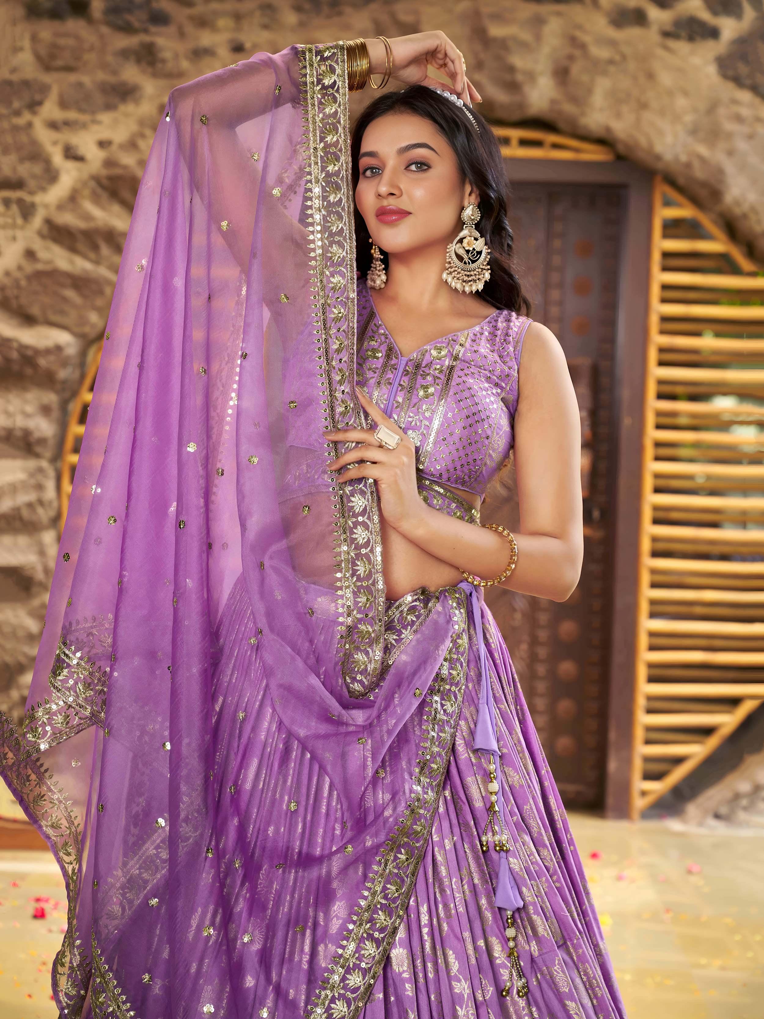 Lavender Dola silk jacquard embroidered lehenga choli with dupatta