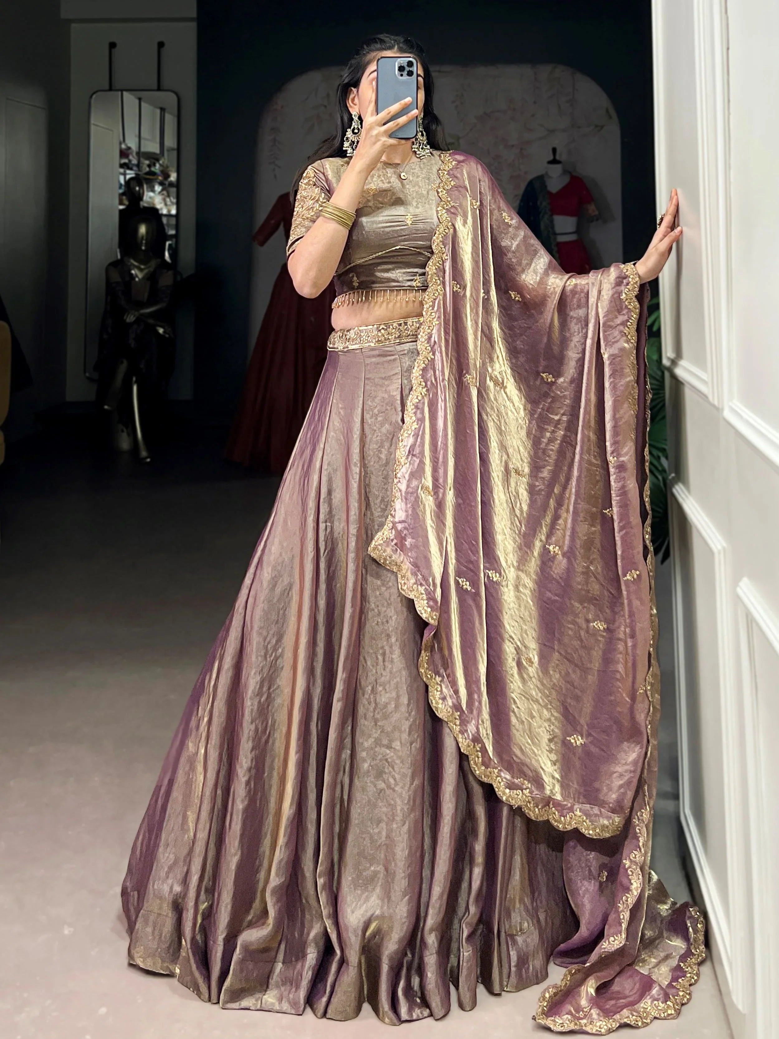 Lavender fendi embroidered lehenga choli with sequins thread work dupatta