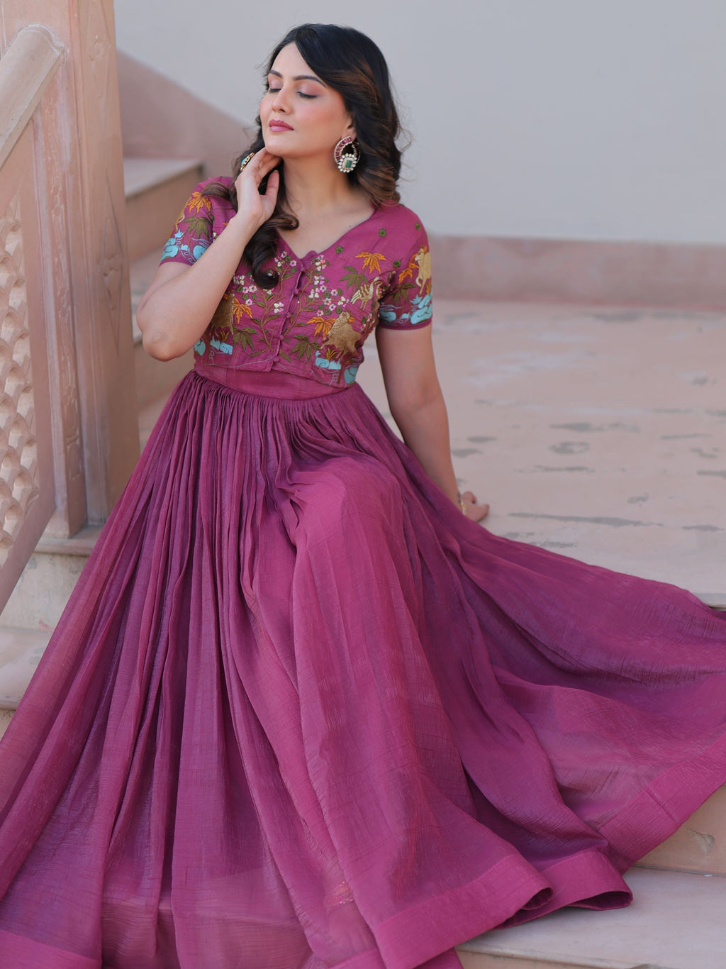 Magenta wine organza embroidered gown with koti