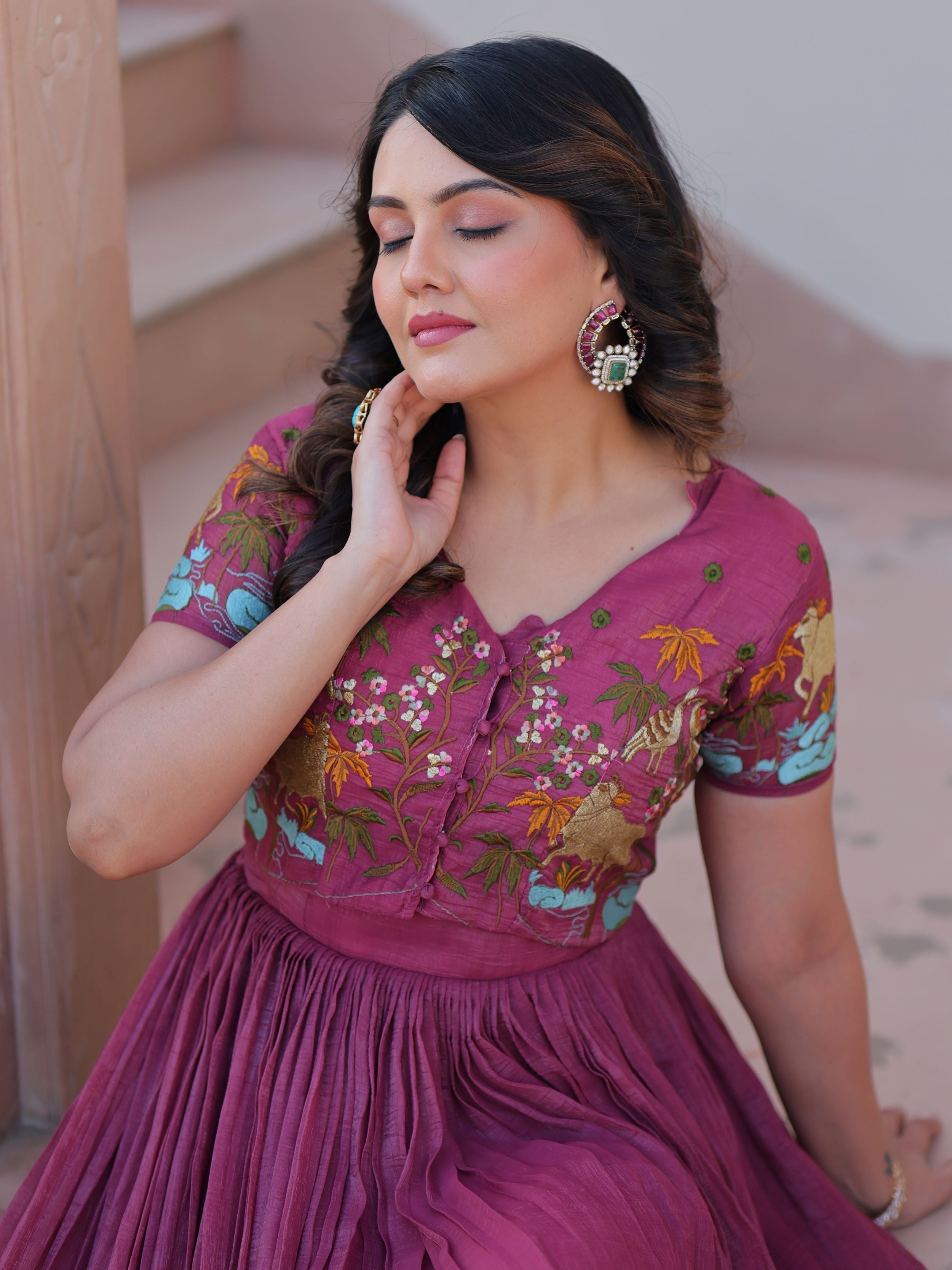 Magenta wine organza embroidered gown with koti