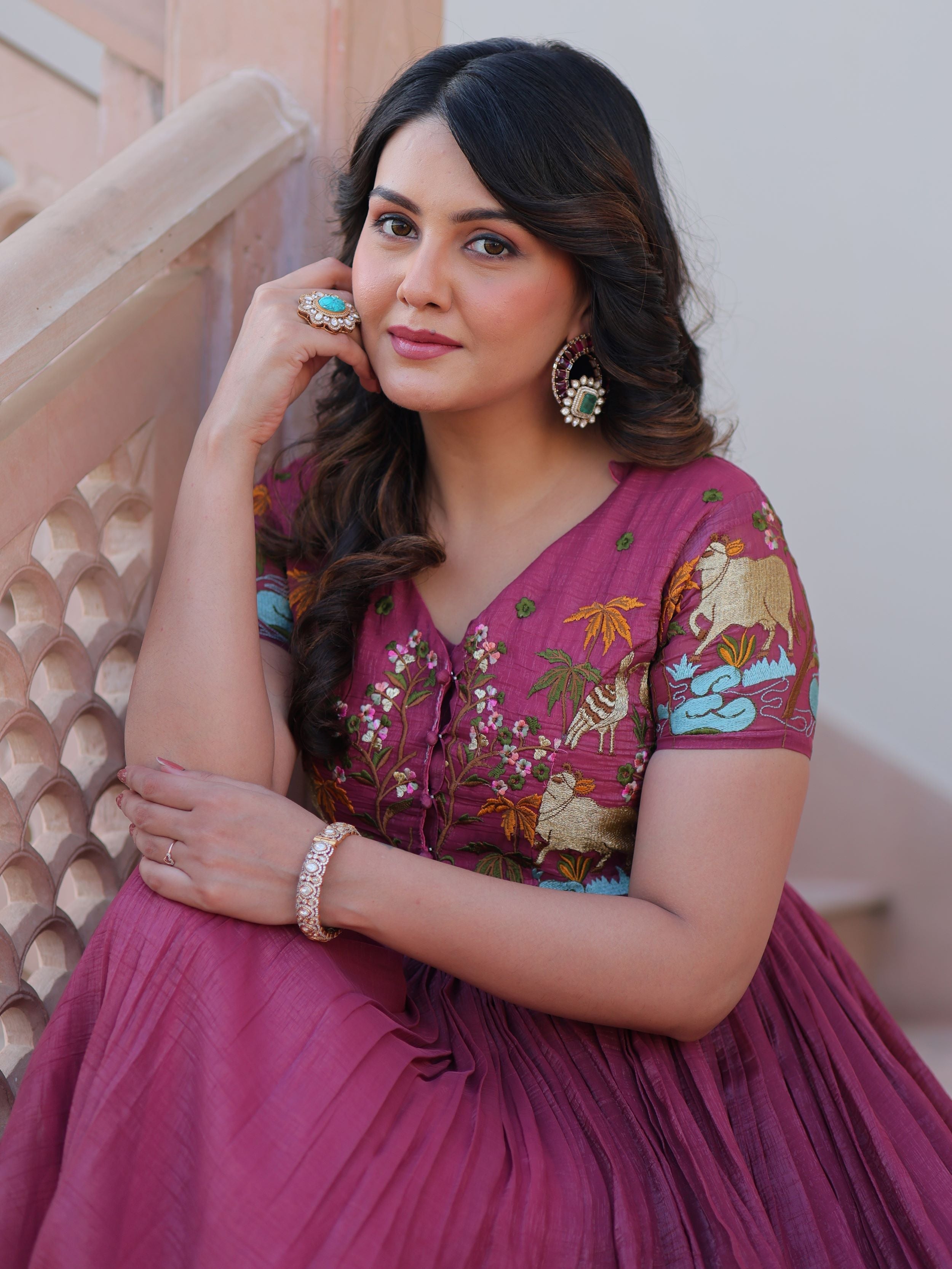 Magenta wine organza embroidered gown with koti