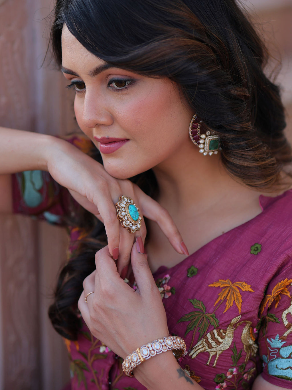 Magenta wine organza embroidered gown with koti