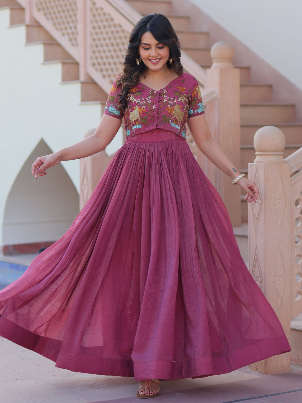 Magenta wine organza embroidered gown with koti