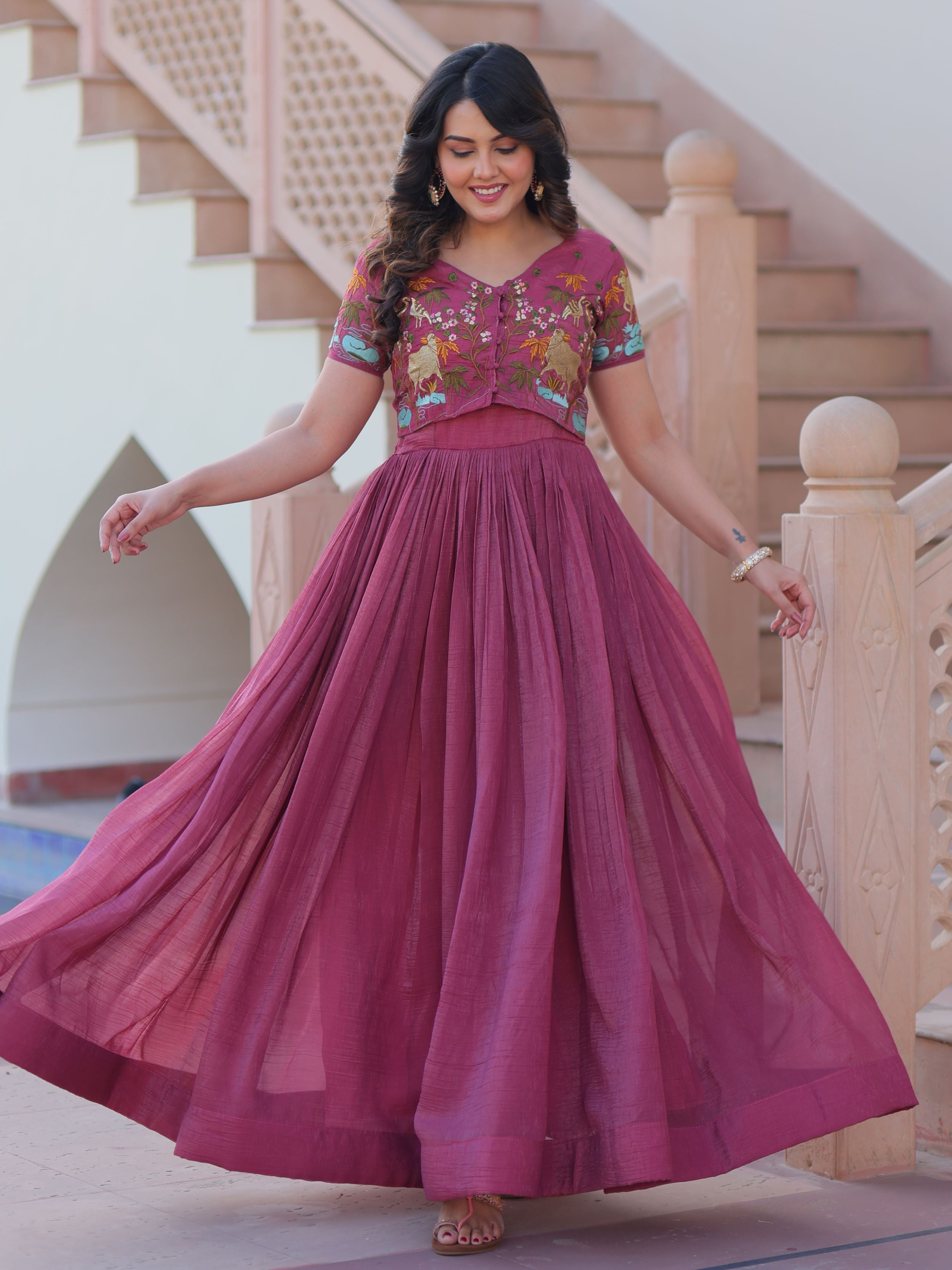 Magenta wine organza embroidered gown with koti