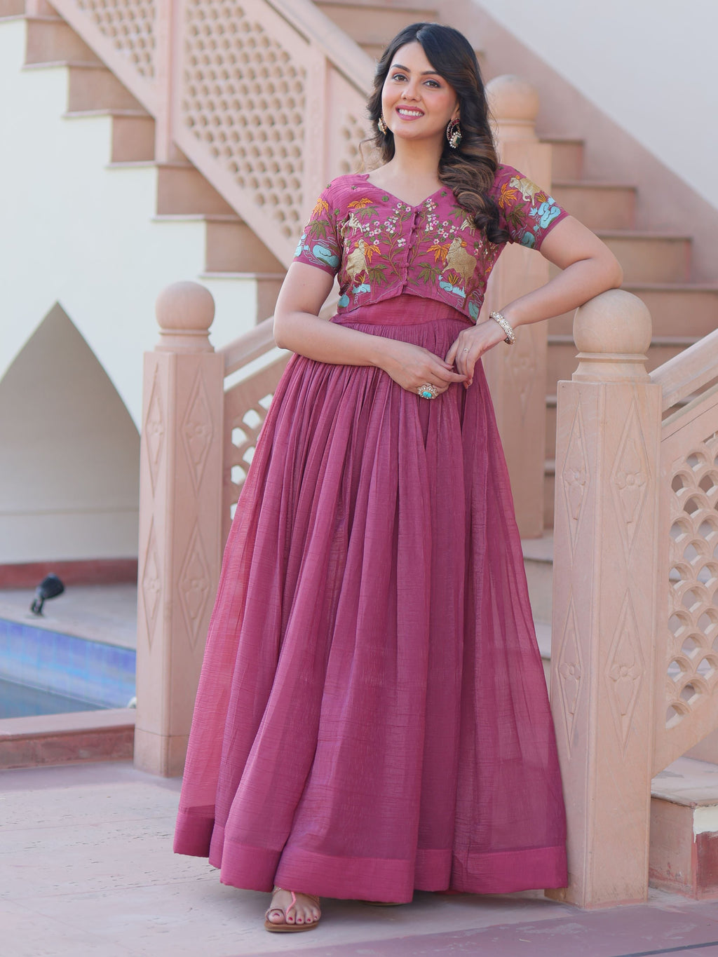 Magenta wine organza embroidered gown with koti