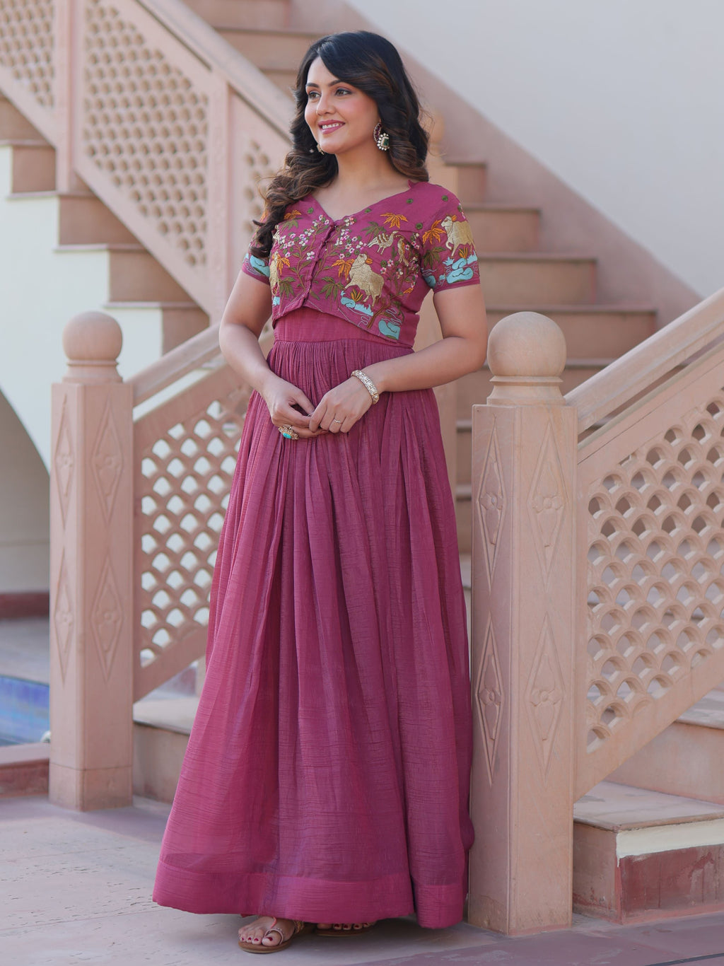 Magenta wine organza embroidered gown with koti