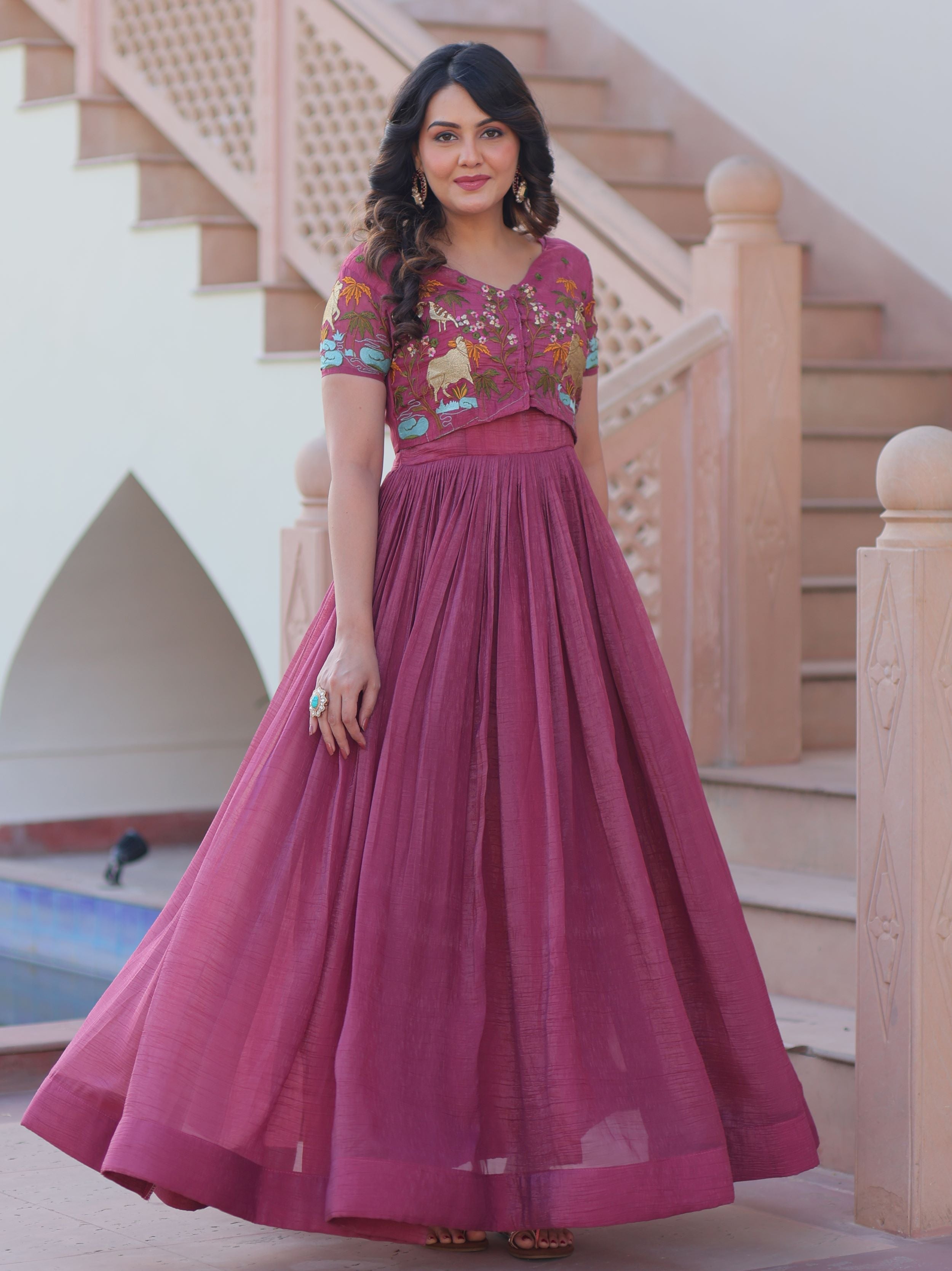 Magenta wine organza embroidered gown with koti