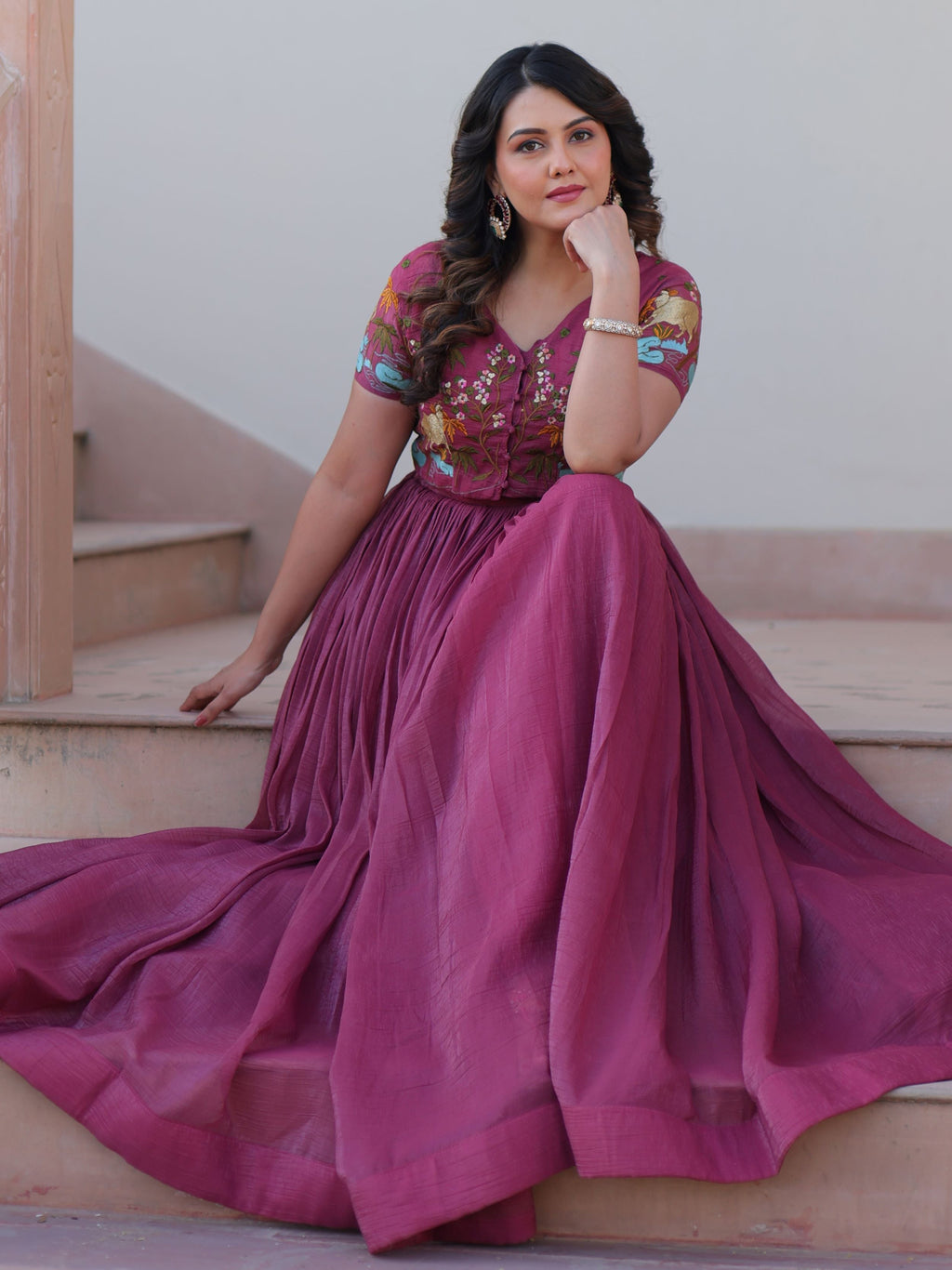 Magenta wine organza embroidered gown with koti