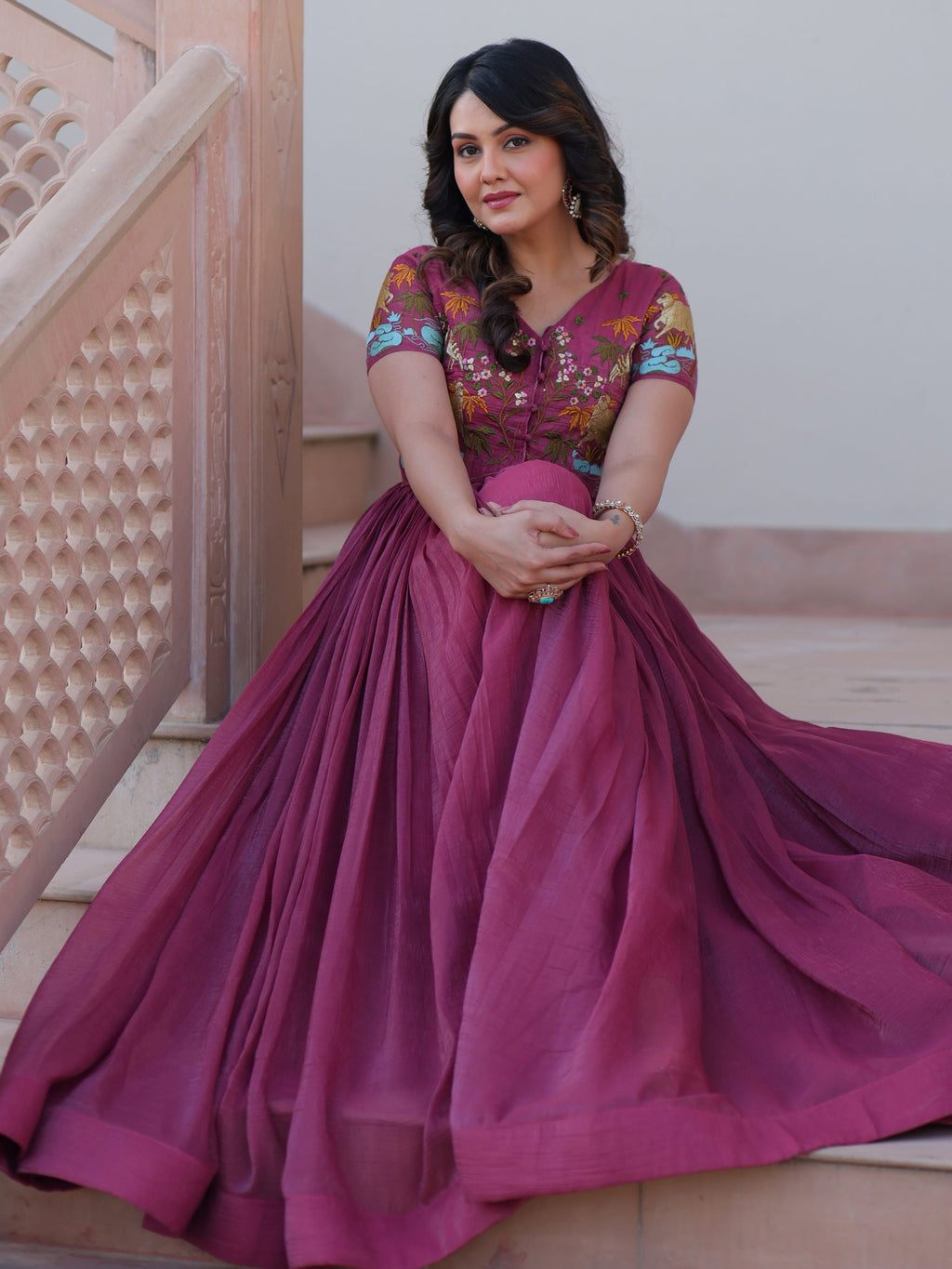 Magenta wine organza embroidered gown with koti