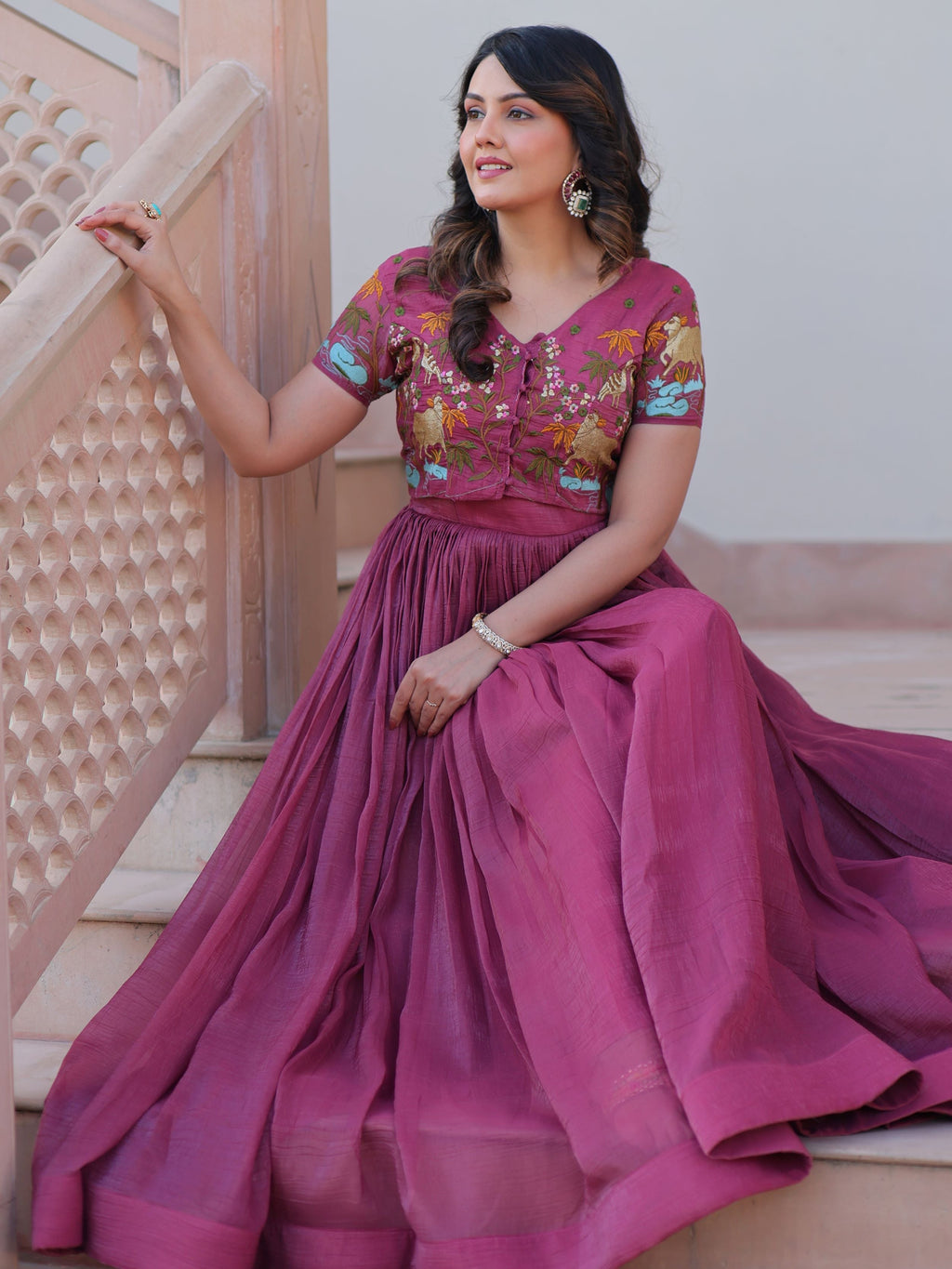 Magenta wine organza embroidered gown with koti