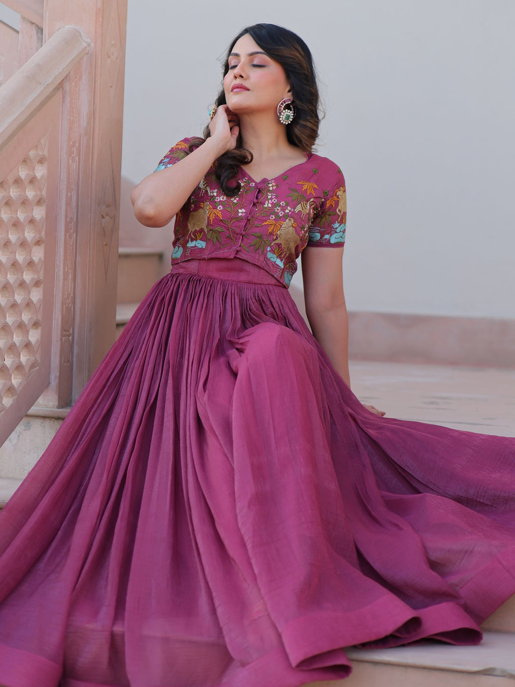 Magenta wine organza embroidered gown with koti