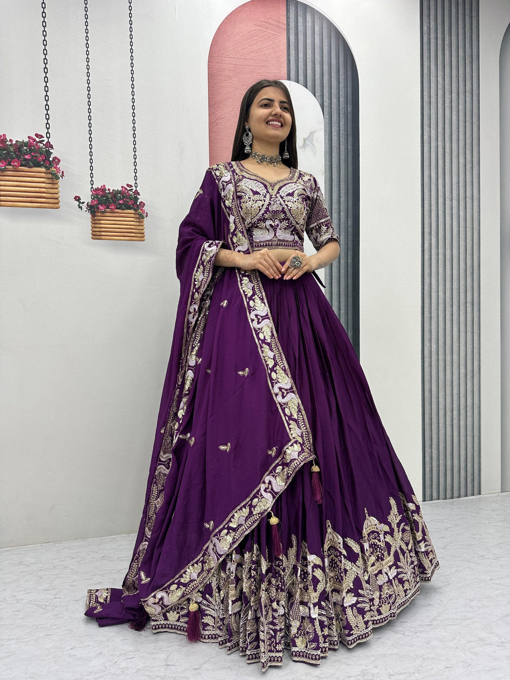 Manasa purple chinon embroidery thread sequins work lehenga choli set