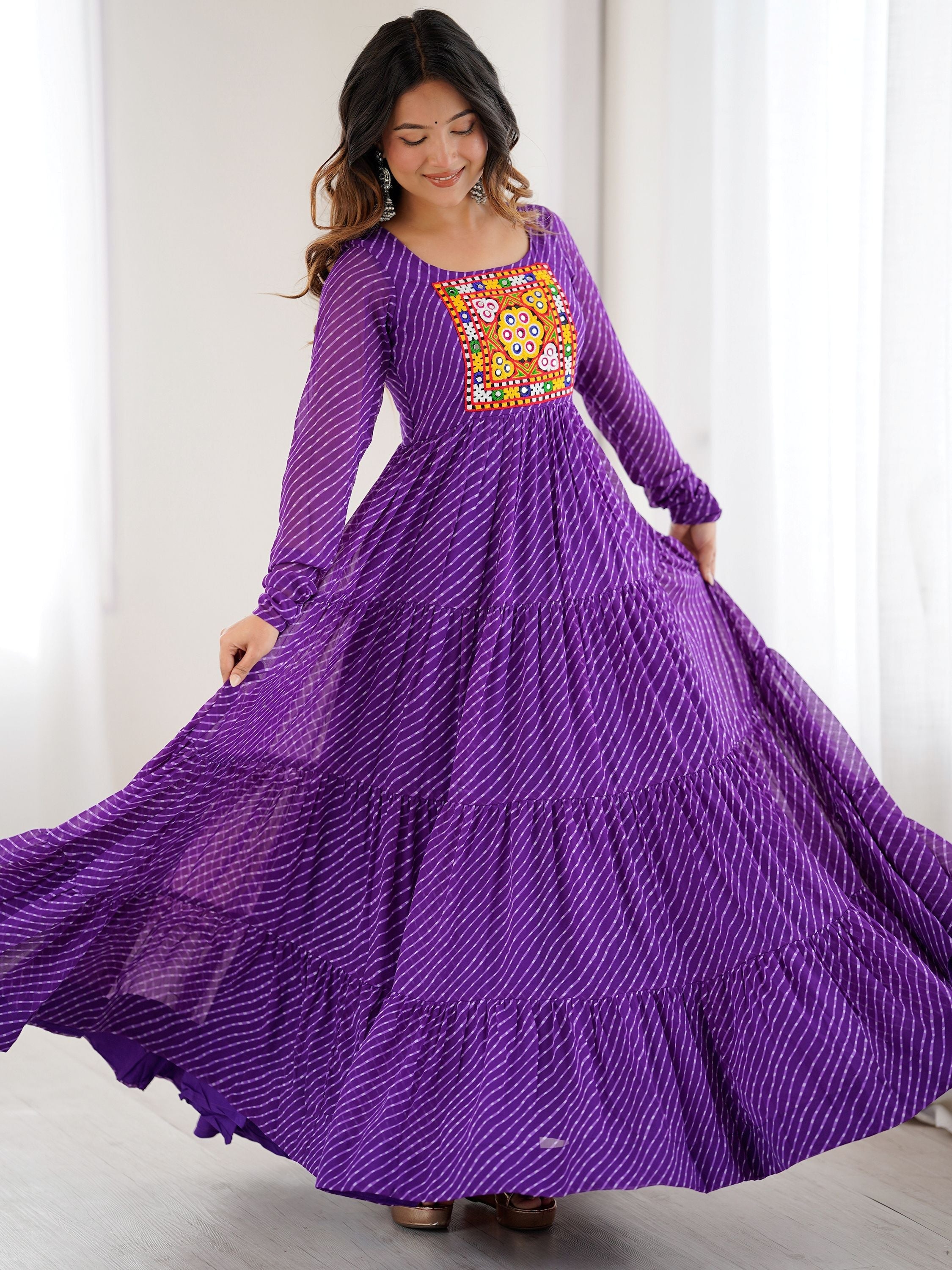 Manvitha purple georgette Leheriya printed Navratri gown