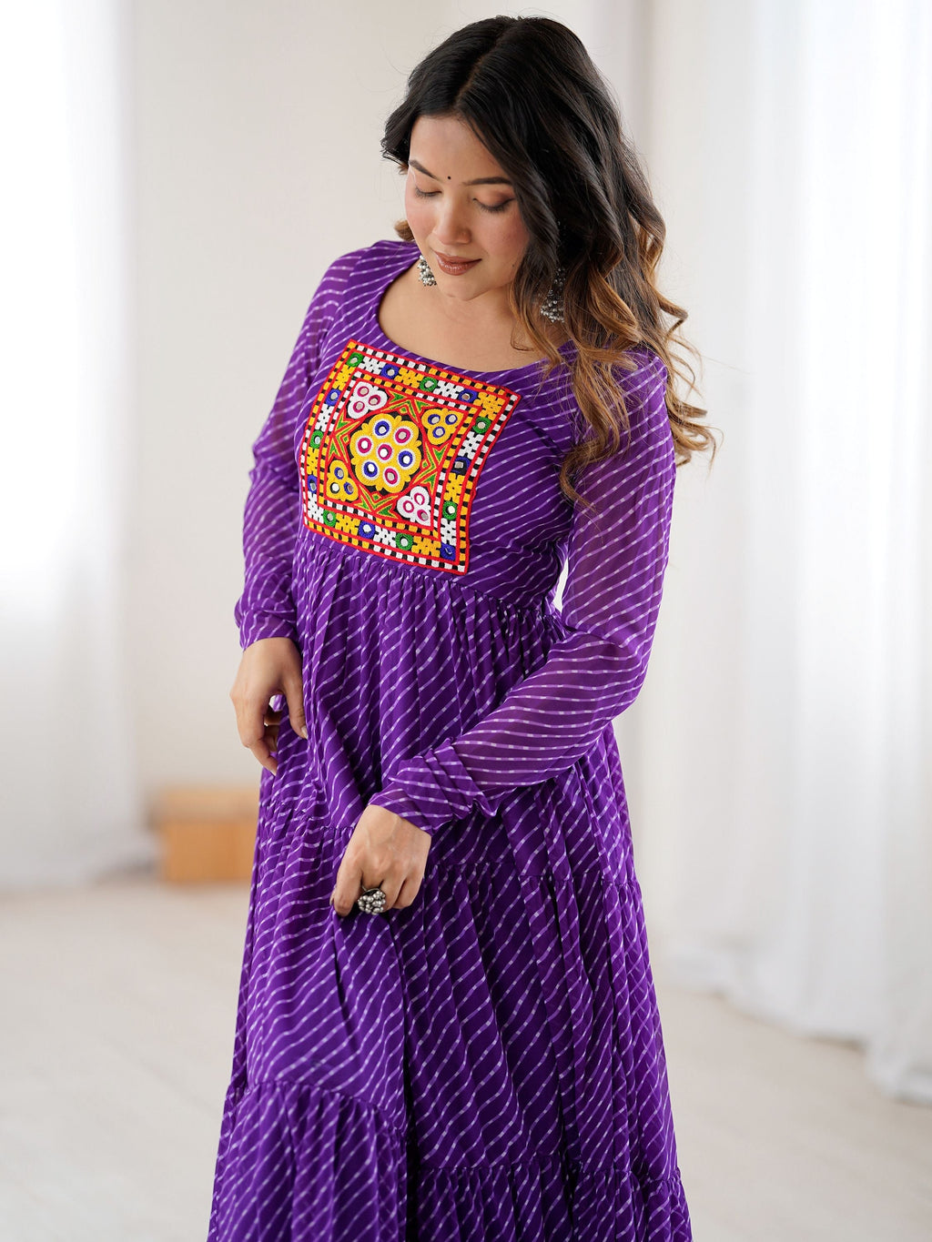 Manvitha purple georgette Leheriya printed Navratri gown