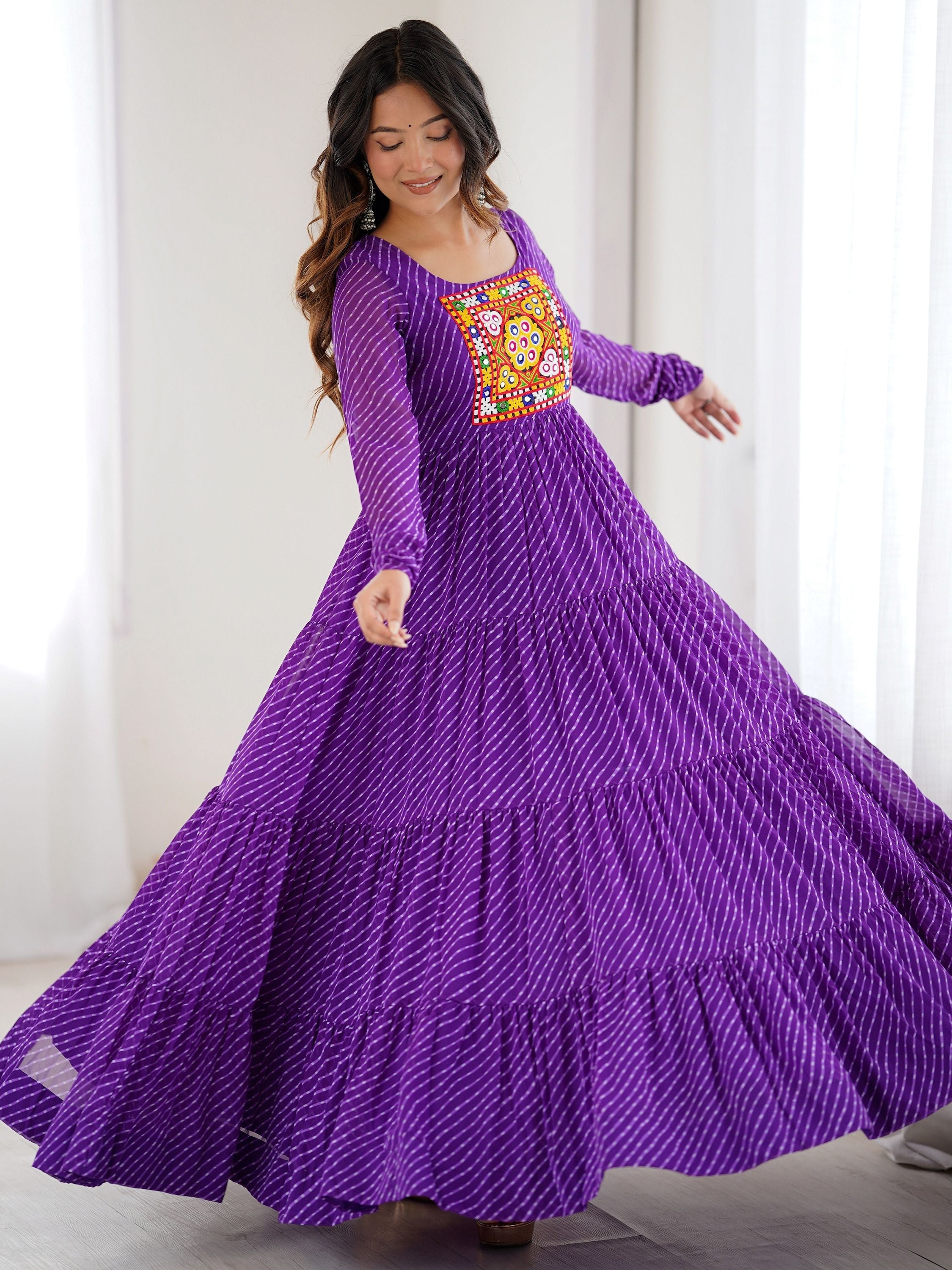 Manvitha purple georgette Leheriya printed Navratri gown