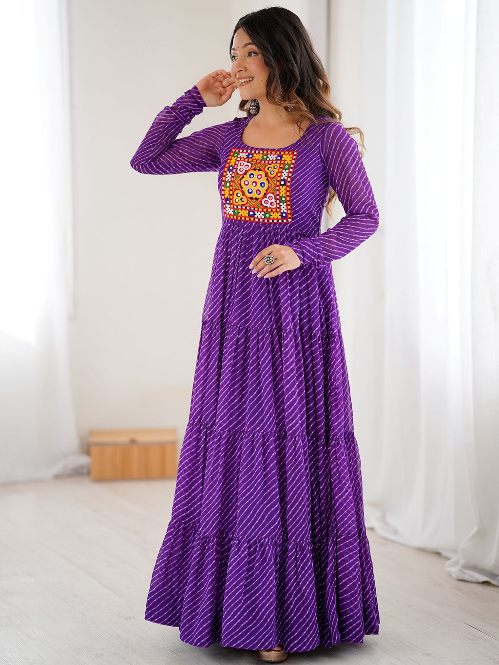 Manvitha purple georgette Leheriya printed Navratri gown