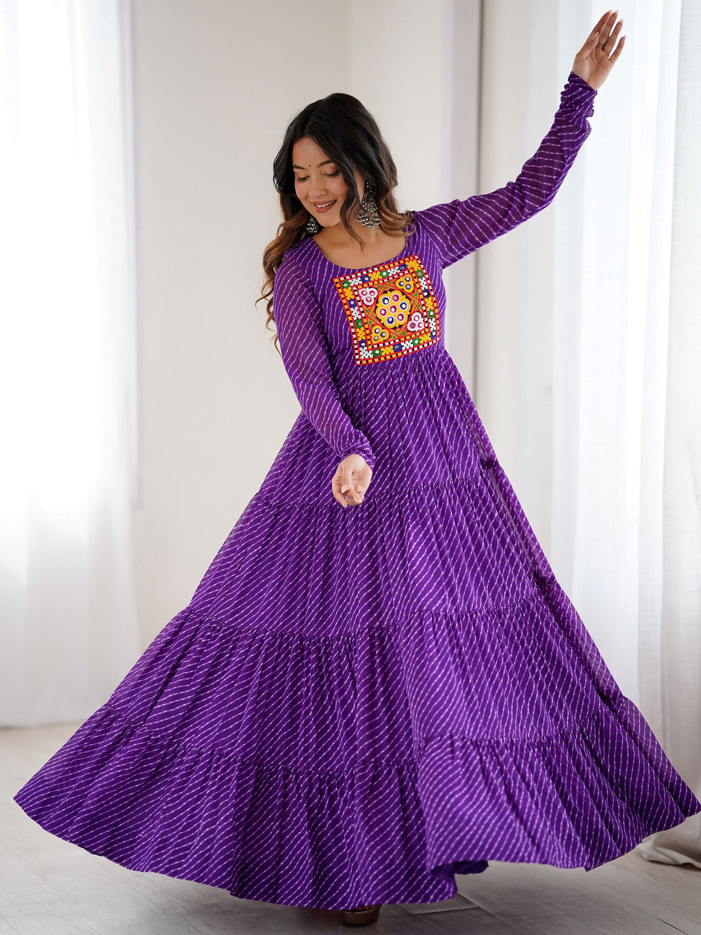 Manvitha purple georgette Leheriya printed Navratri gown