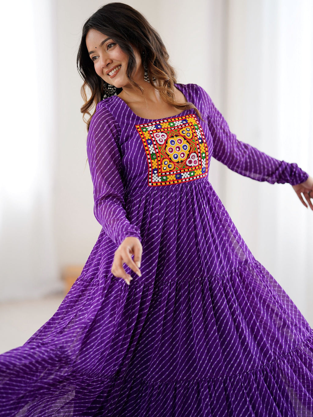 Manvitha purple georgette Leheriya printed Navratri gown