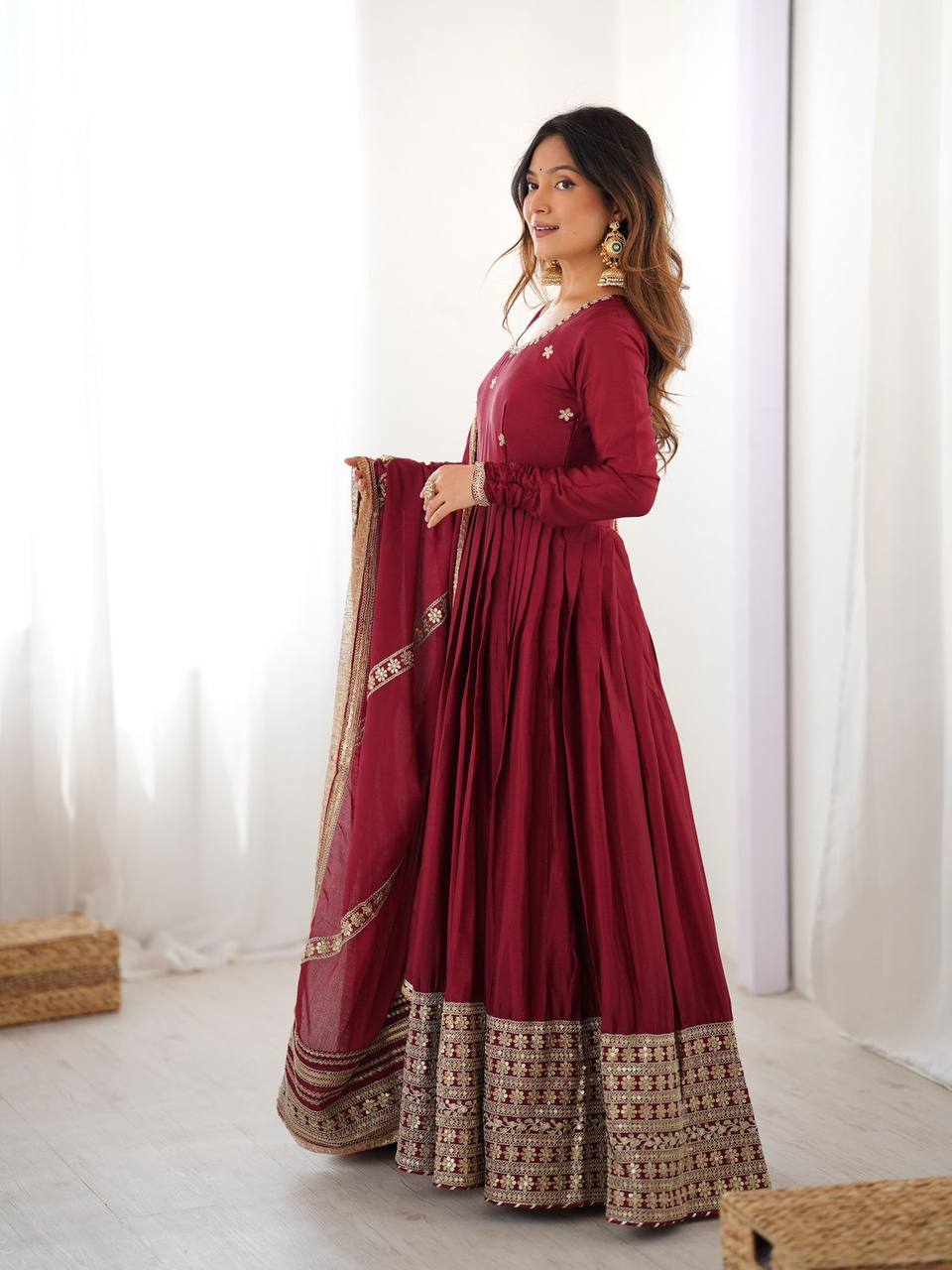 Maroon chinon silk embroidered anarkali suit with dupatta