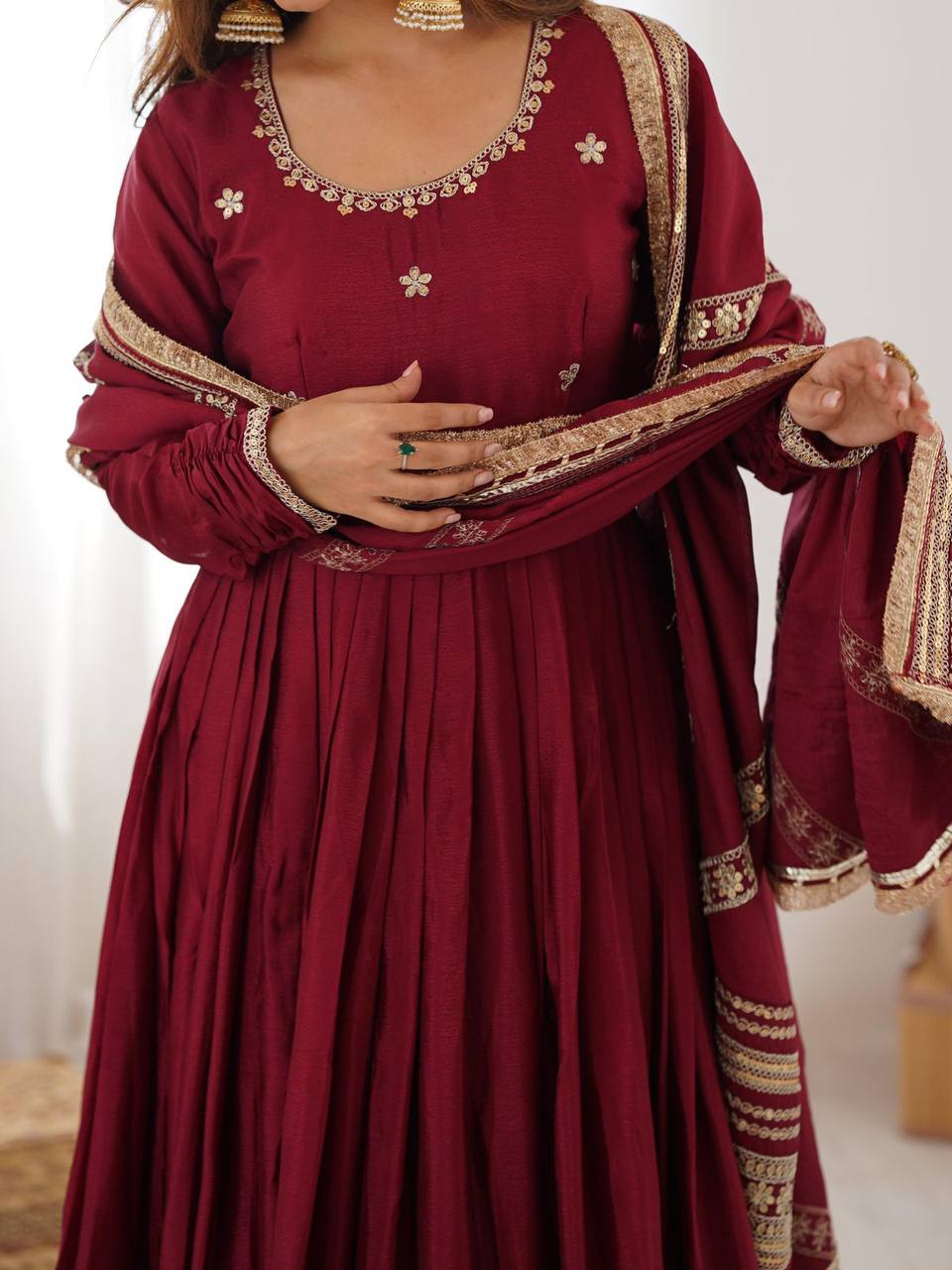 Maroon chinon silk embroidered anarkali suit with dupatta