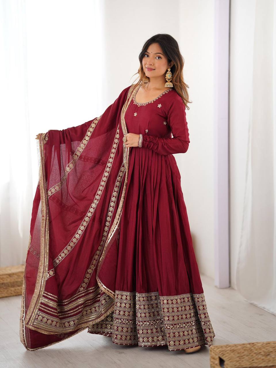 Maroon chinon silk embroidered anarkali suit with dupatta