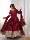 Maroon chinon silk embroidered anarkali suit with dupatta