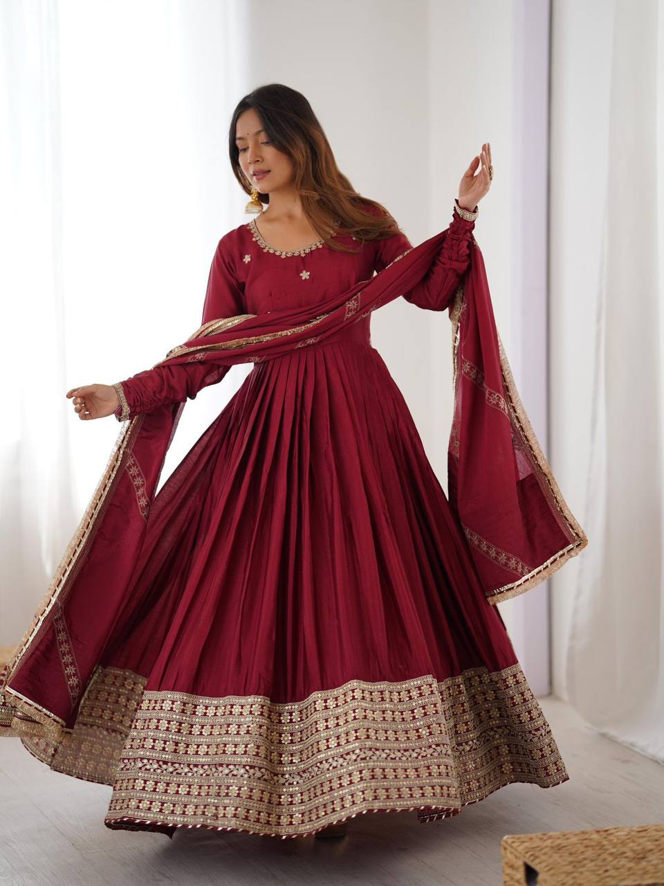 Maroon chinon silk embroidered anarkali suit with dupatta