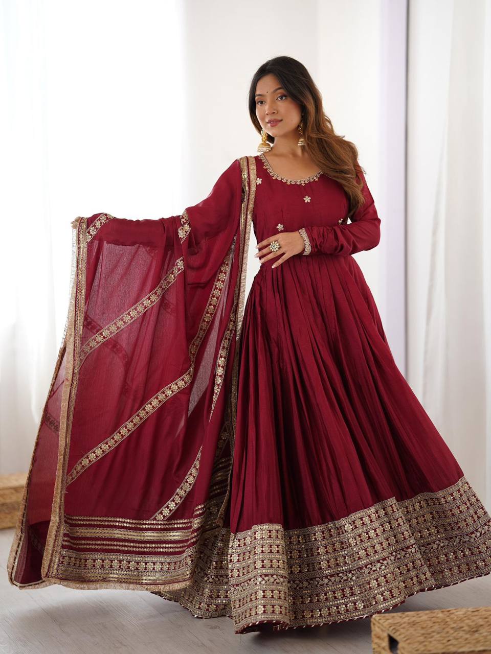 Maroon chinon silk embroidered anarkali suit with dupatta