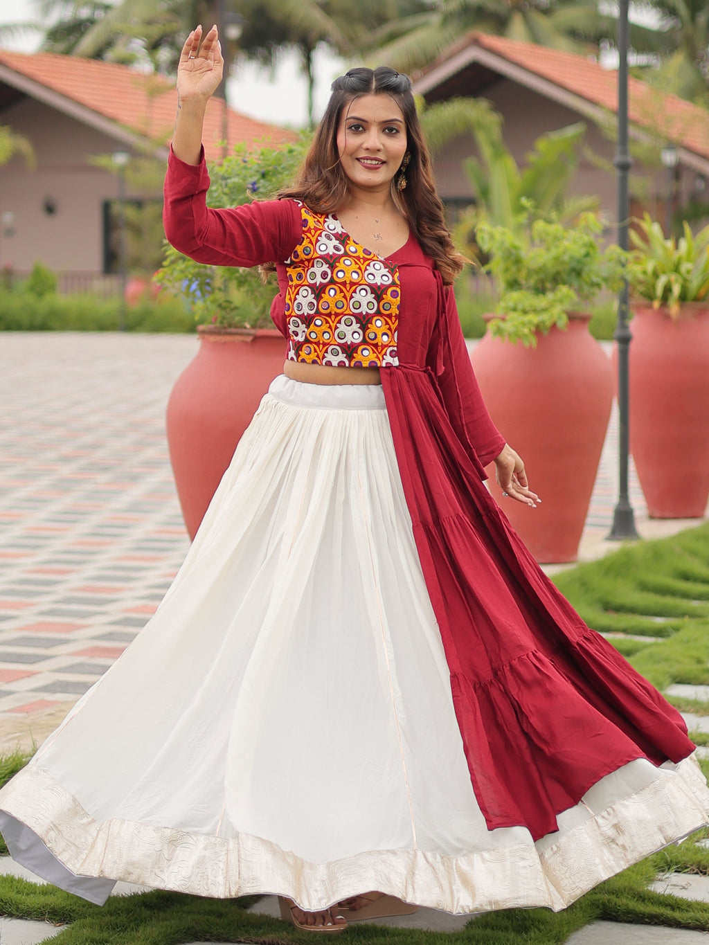 Maroon cotton gamthi work lehenga choli with mirror embroidery crop top