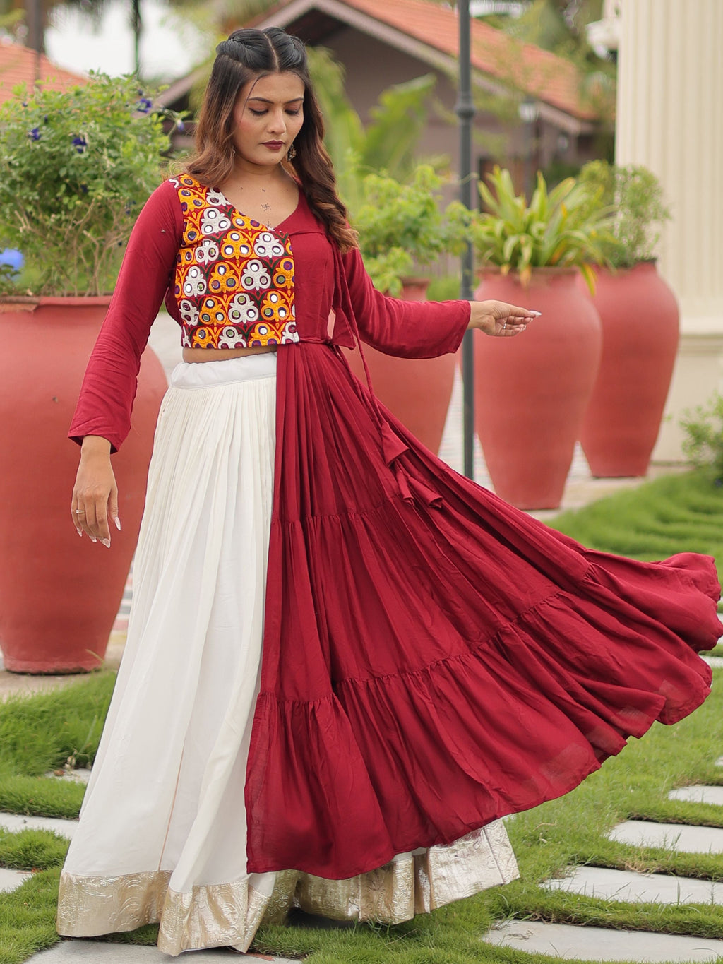 Maroon cotton gamthi work lehenga choli with mirror embroidery crop top