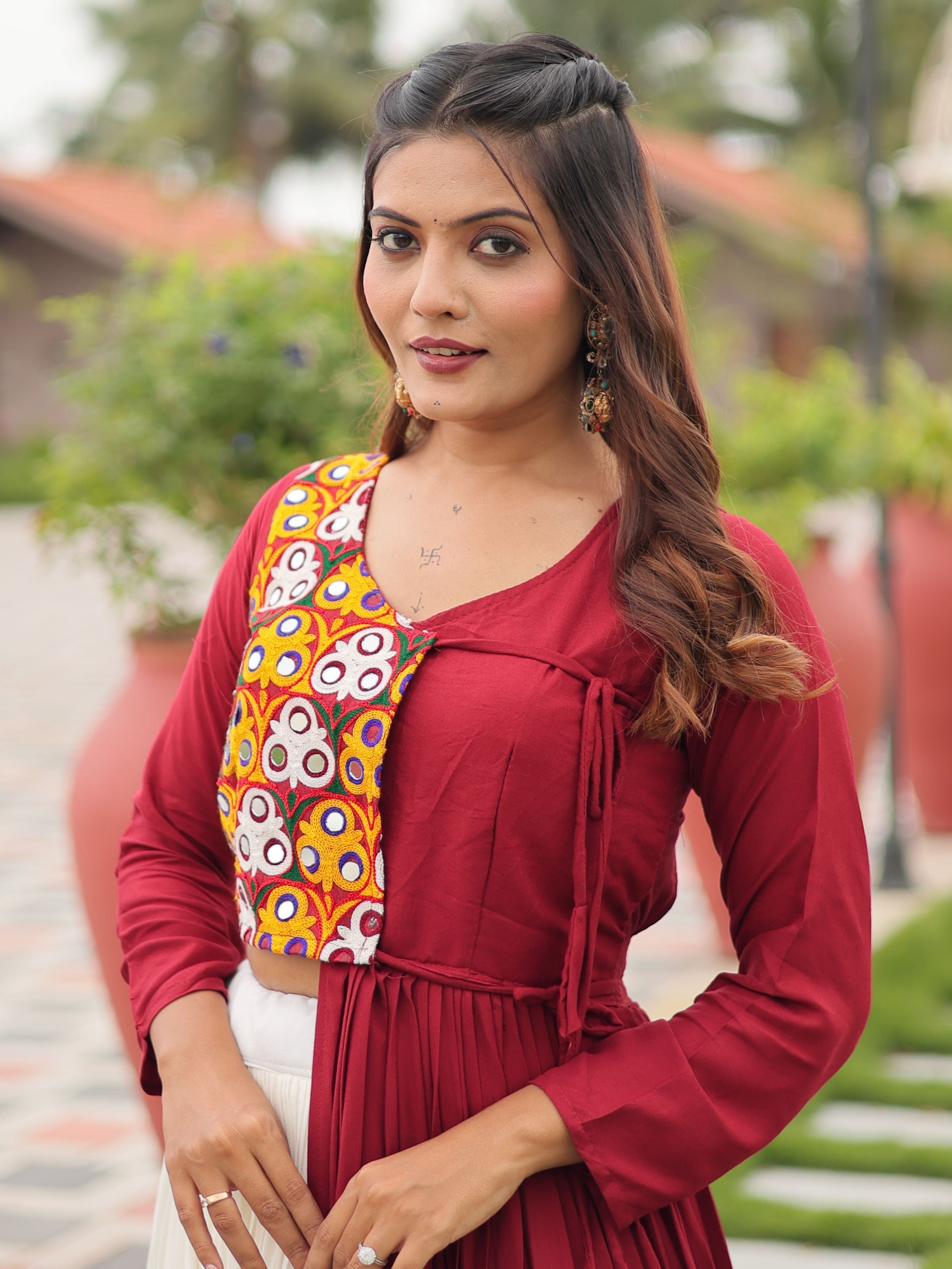Maroon cotton gamthi work lehenga choli with mirror embroidery crop top