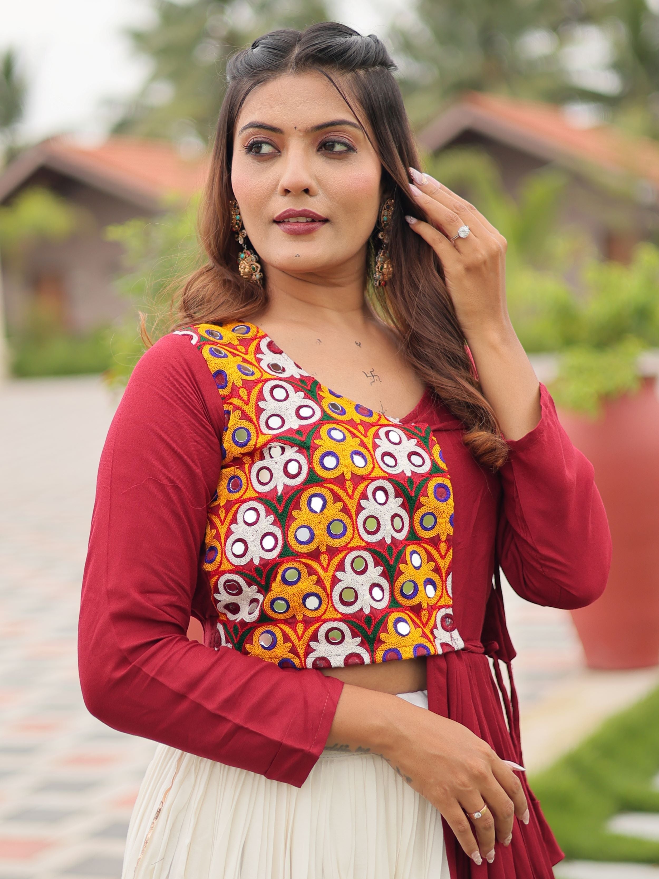 Maroon cotton gamthi work lehenga choli with mirror embroidery crop top