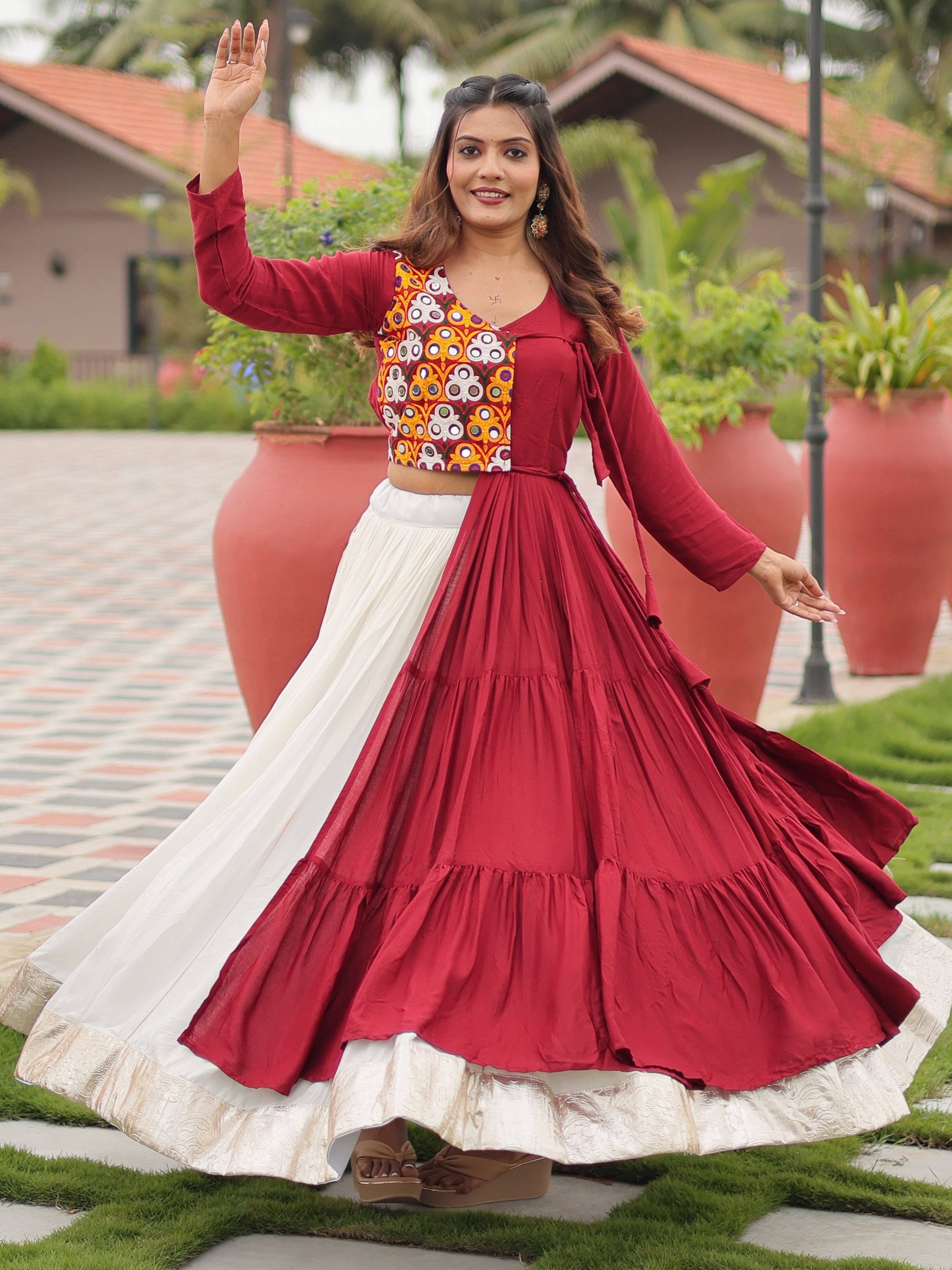 Maroon cotton gamthi work lehenga choli with mirror embroidery crop top