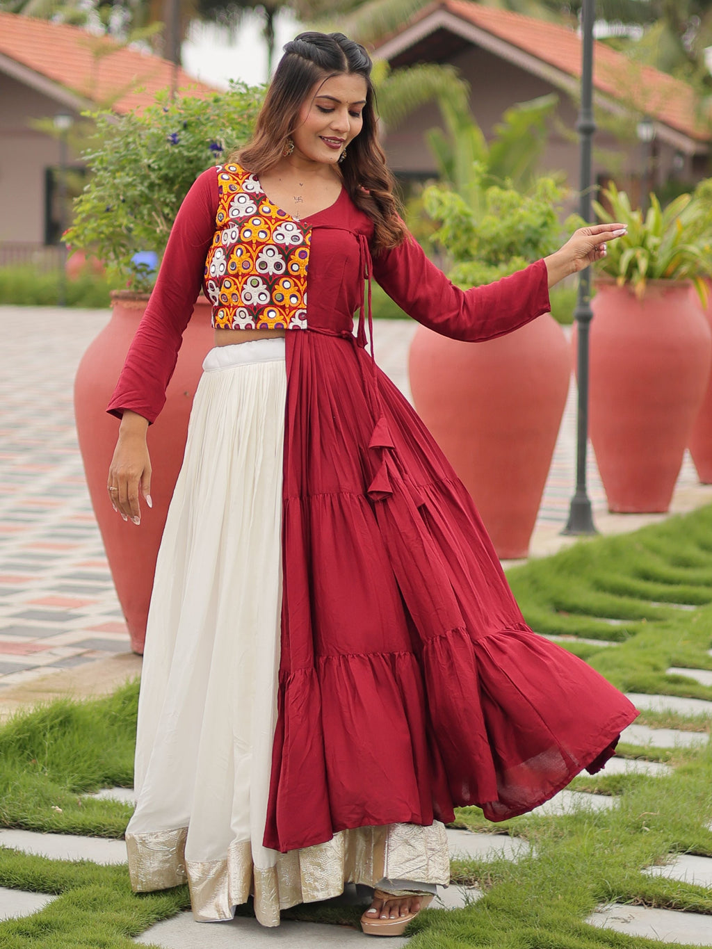 Maroon cotton gamthi work lehenga choli with mirror embroidery crop top