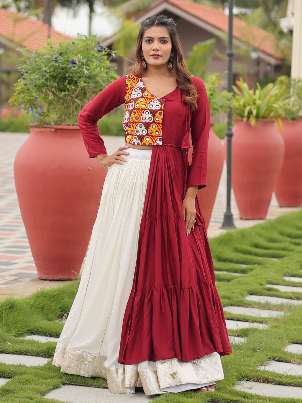 Maroon cotton gamthi work lehenga choli with mirror embroidery crop top