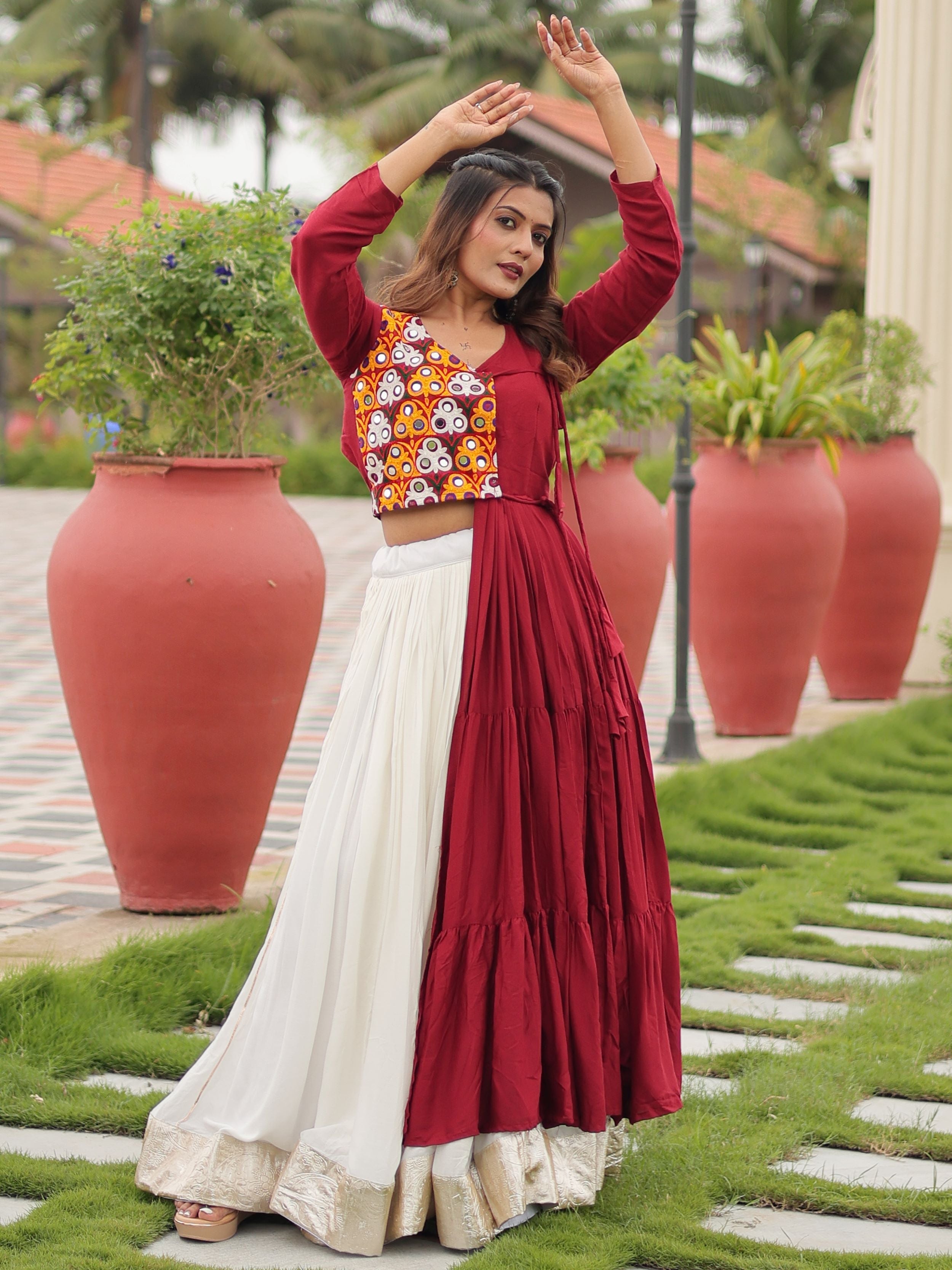 Maroon cotton gamthi work lehenga choli with mirror embroidery crop top