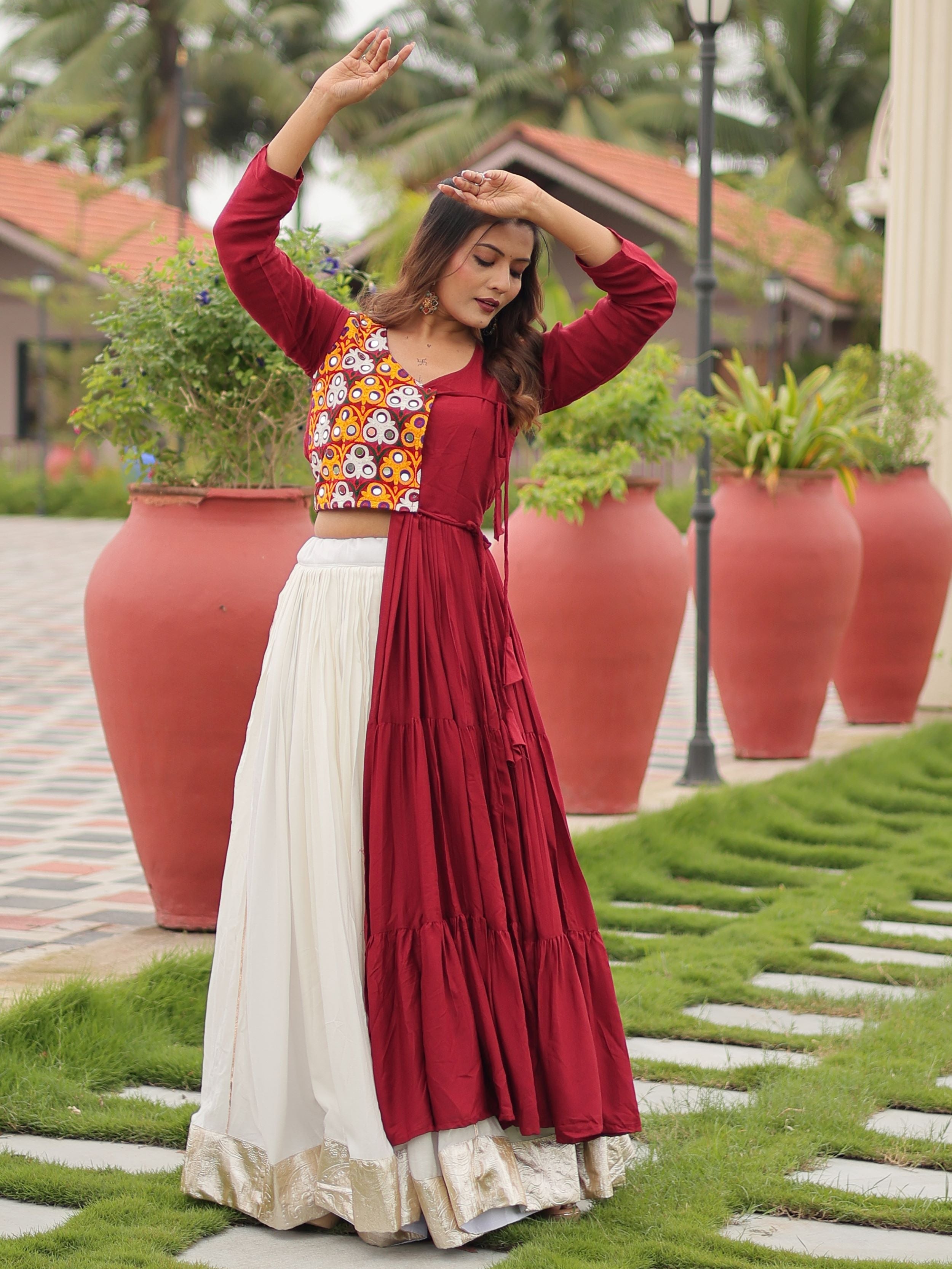 Maroon cotton gamthi work lehenga choli with mirror embroidery crop top