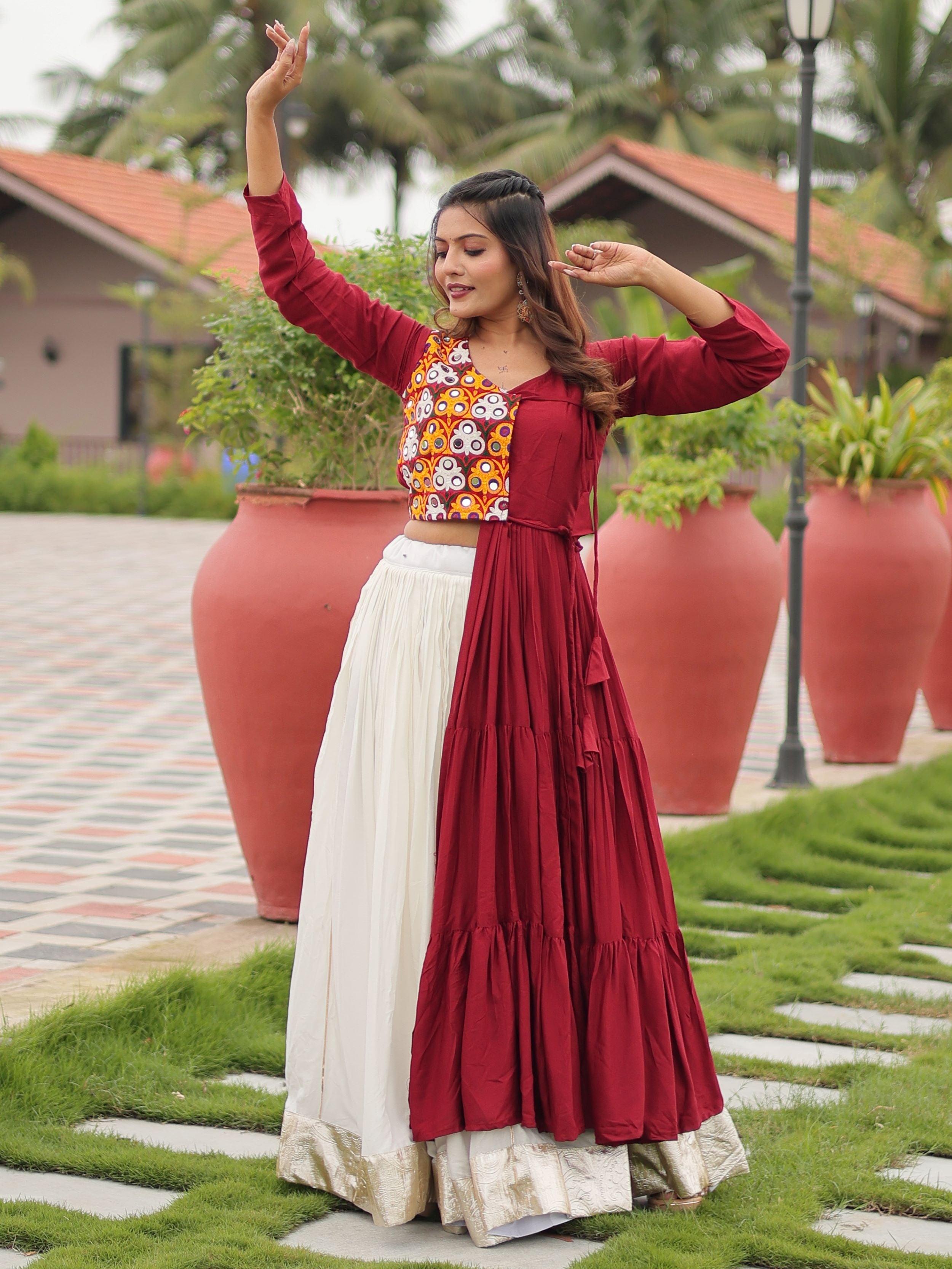 Maroon cotton gamthi work lehenga choli with mirror embroidery crop top