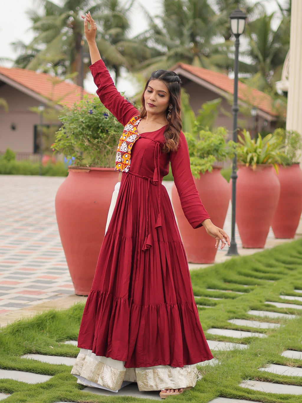 Maroon cotton gamthi work lehenga choli with mirror embroidery crop top