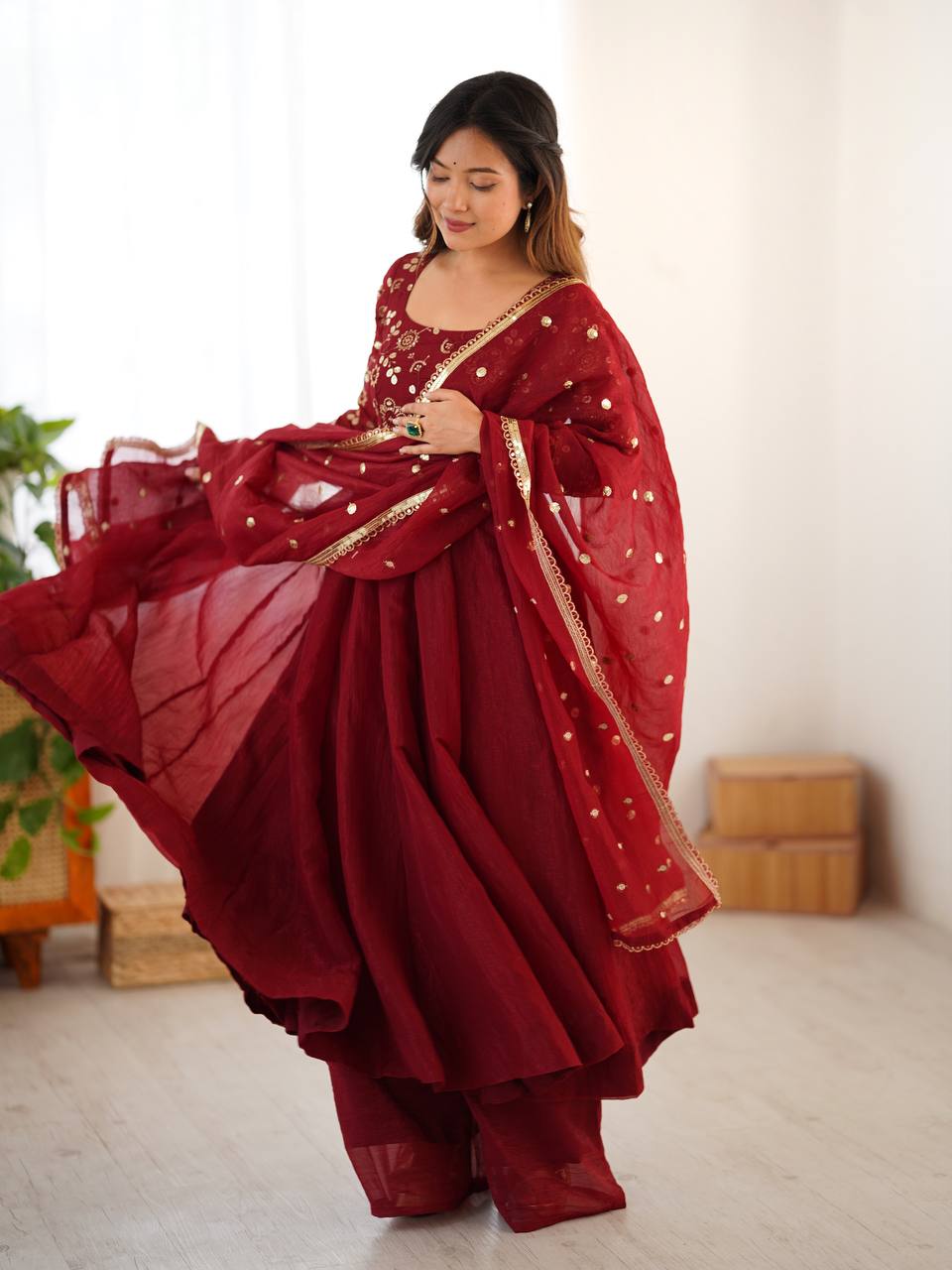Maroon crunchy silk anarkali suit with embroidered sequins work