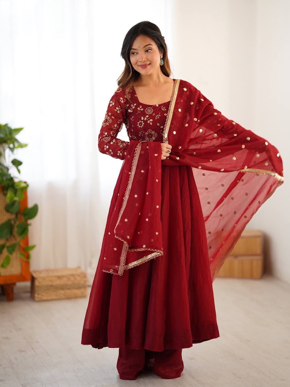 Maroon crunchy silk anarkali suit with embroidered sequins work