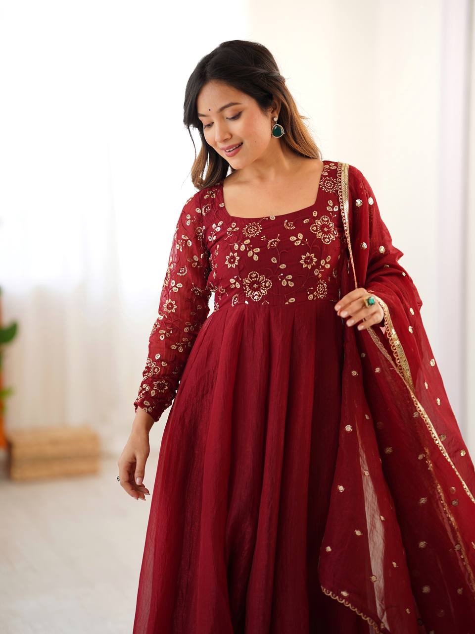 Maroon crunchy silk anarkali suit with embroidered sequins work