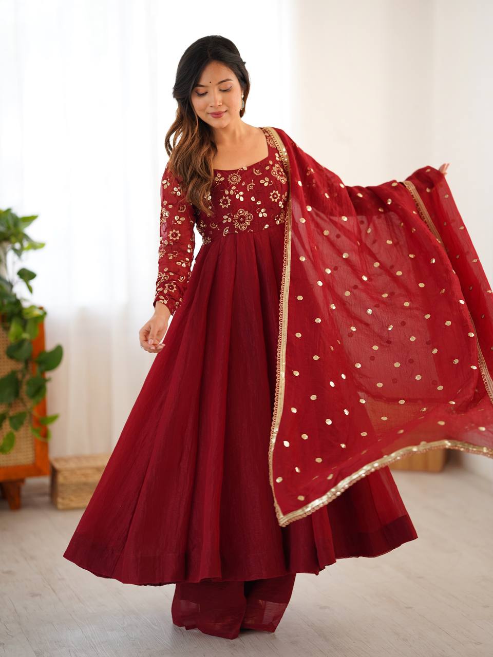 Maroon crunchy silk anarkali suit with embroidered sequins work