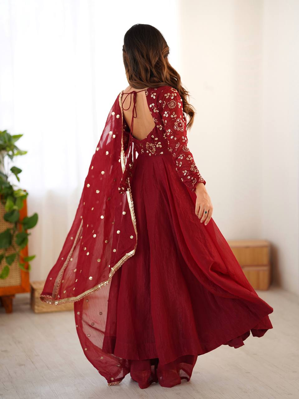 Maroon crunchy silk anarkali suit with embroidered sequins work