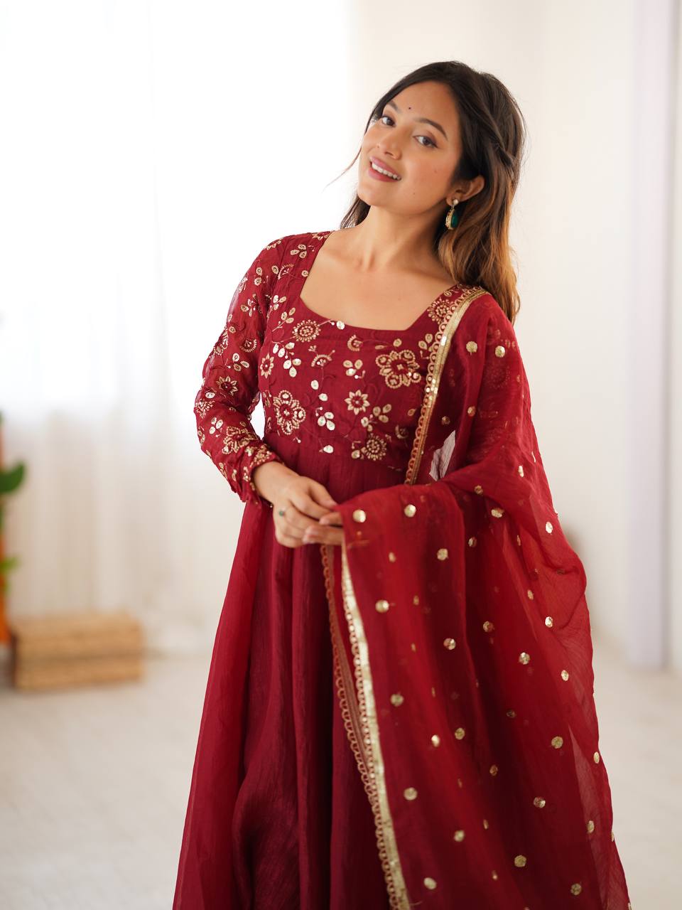 Maroon crunchy silk anarkali suit with embroidered sequins work