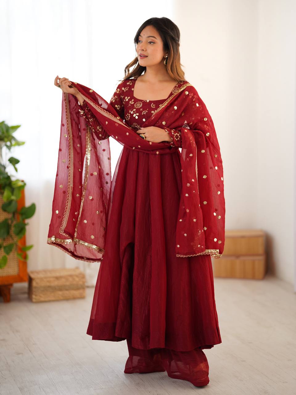 Maroon crunchy silk anarkali suit with embroidered sequins work