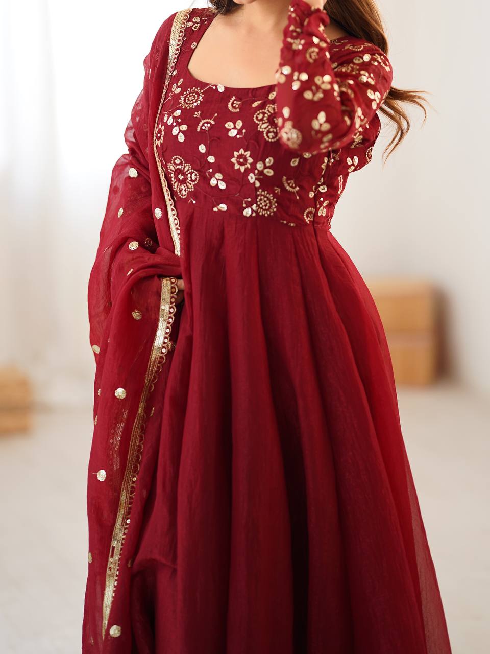 Maroon crunchy silk anarkali suit with embroidered sequins work